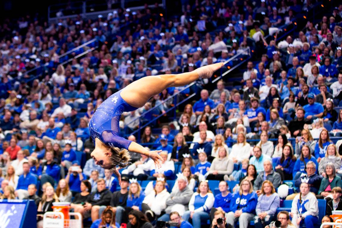 Raena Worley’s floor routine earned one of two perfect-10 scores during Kentucky’s Excite Night victory against Georgia at Rupp Arena on Friday night. UK’s total score (197.950) was a school record.