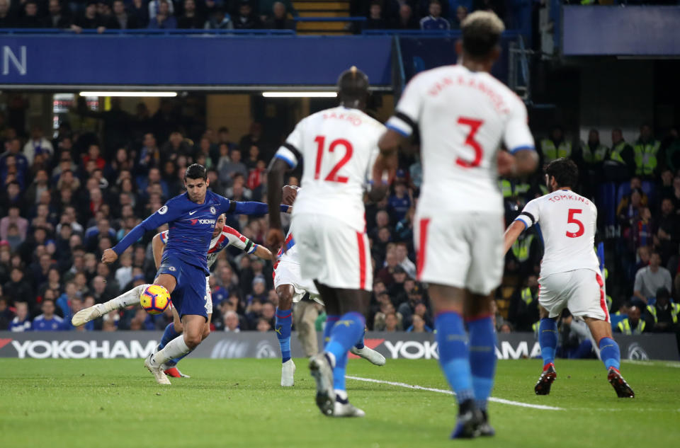 Morata volleys home the first goal to put Chelsea in front