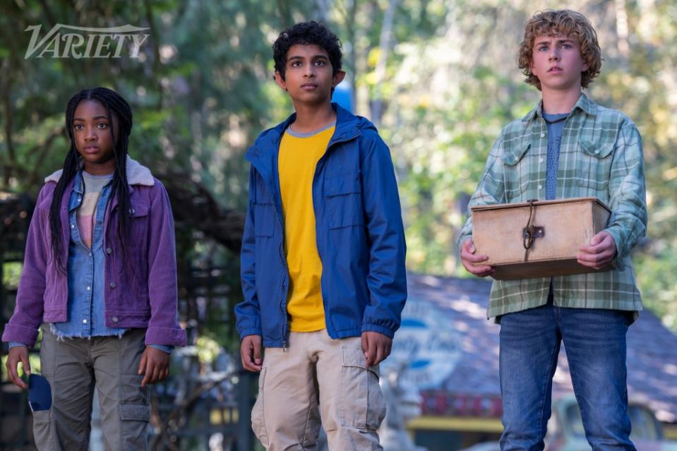 Leah Jeffries, Aryan Simhadri and Walker Scobell in "Percy Jackson and the Olympians."