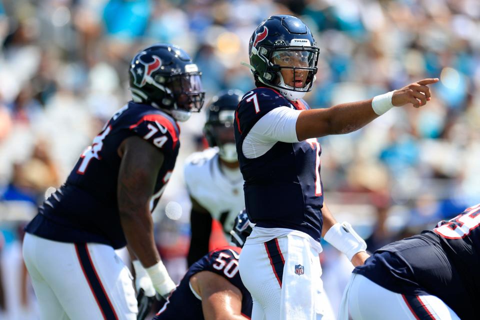 Houston Texans quarterback C.J. Stroud (7) points during the first quarter of an NFL football matchup Sunday, Sept. 24, 2023 at EverBank Stadium in Jacksonville, Fla. The Houston Texans defeated the Jacksonville Jaguars 37-17. [Corey Perrine/Florida Times-Union]