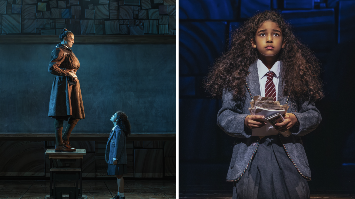 (From left) Face off between Matilda and the bully Miss Trunchbull; Myla Williams as one of the three Matilda. PHOTO: Hanan Assor