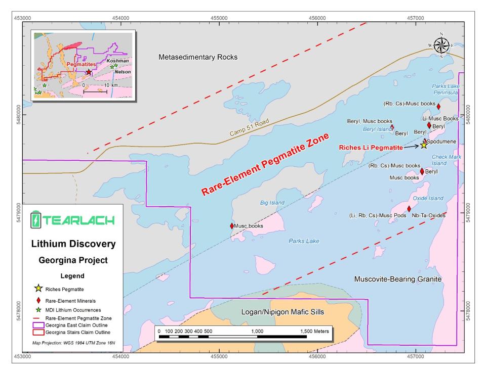 Map of the Riches Spodumene Pegmatite and the Rare-element pegmatite zone on Parks Lake. Musc = muscovite.