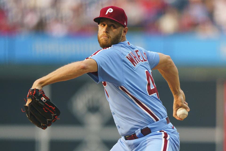 Philadelphia Phillies pitcher Zack Wheeler winds up during the first inning of the team's baseball game against the Detroit Tigers, Thursday, June 8, 2023, in Philadelphia. (AP Photo/Chris Szagola)