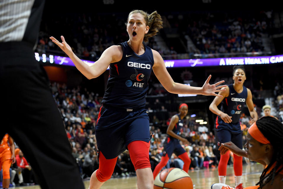 UNCASVILLE, CT - OCTOBER 8: Washington Mystics center Emma Meesseman (33) disputes the call in the second half at Mohegan Sun Arena in the fourth game of the WNBA Finals October 08, 2019 in Uncasville, CT.  The Connecticut Sun beat the Washington Mystics 90-86 to force a game five in D.C. on Sunday.  (Photo by Katherine Frey/The Washington Post via Getty Images)