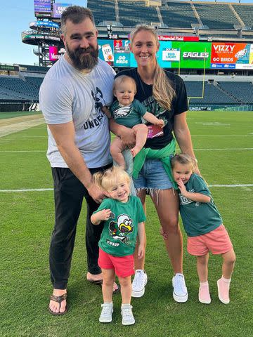 <p>Kylie Kelce/Instagram </p> Jason (left) and Kylie Kelce with their family