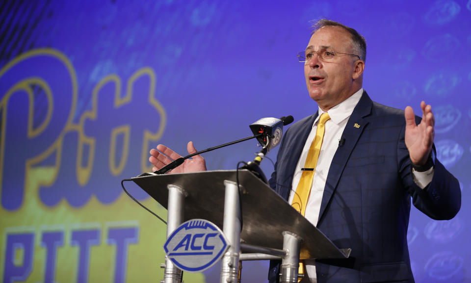 Pittsburgh head coach Pat Narduzzi answers a question at the NCAA college football Atlantic Coast Conference Media Days in Charlotte, N.C., Thursday, July 21, 2022. (AP Photo/Nell Redmond)