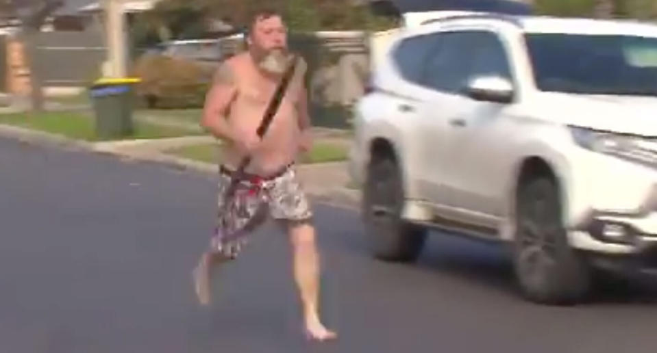 Kym Abrook, also known as the 'Didgeridoo Man', appears on Nine News re-enacting him chasing down a home invader armed with a didgeridoo. He's shirtless.