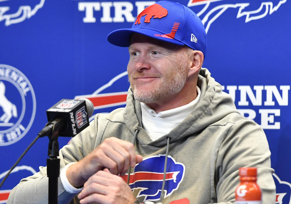 FILE - Buffalo Bills head coach Sean McDermott smiles during a news conference after an NFL football game, Sunday, Oct. 31, 2021, in Orchard Park, N.Y. Coaches Ron Rivera and Sean McDermott, standout players Christian McCaffrey, George Kittle and Demario Davis, team owner Arthur Blank, and the Houston Texans cheerleaders are among nominees from 31 teams for the NFL's Salute to Service Award. (AP Photo/Adrian Kraus, File)