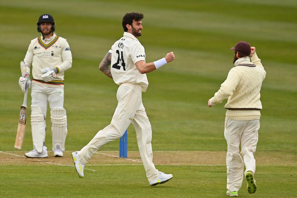 Reece Topley celebrates a wicket against Gloucestershire (Getty Images)