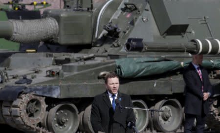 FILE PHOTO: Estonia’s Defence Minister Margus Tsahkna speaks during the official ceremony welcoming the deployment of a multi-national NATO battalion in Tapa, Estonia, April 20, 2017. REUTERS/Ints Kalnins/File Photo