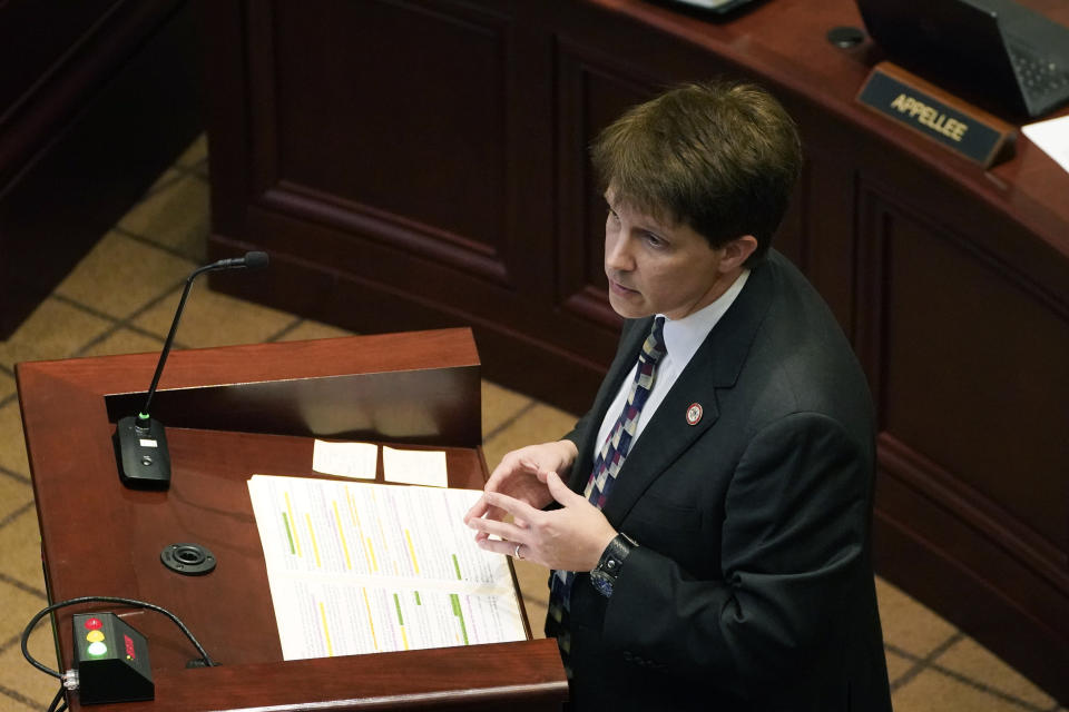 Attorney Justin Matheny with the Mississippi attorney general's office argues before the Mississippi Supreme Court, Wednesday, April 14, 2021, in Jackson, in defense of Mississippi's initiative process. A lawsuit by Madison Mayor Mary Hawkins Butler challenges the initiative process and seeks to invalidate a medical marijuana initiative that Mississippi voters approved in November 2020. (AP Photo/Rogelio V. Solis)