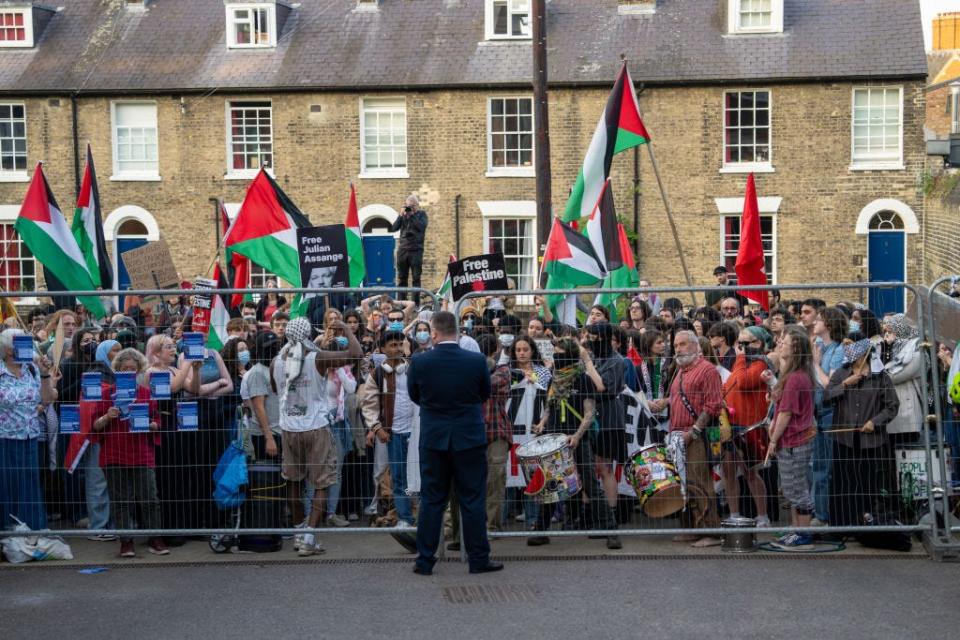 Campaigners outside Peter Thiel's event at Cambridge Union