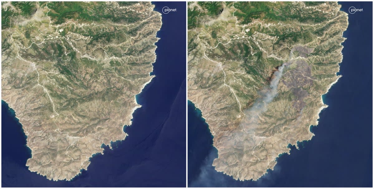 Before and after satellite images of wildfires in Evia (Planet Labs PBC)