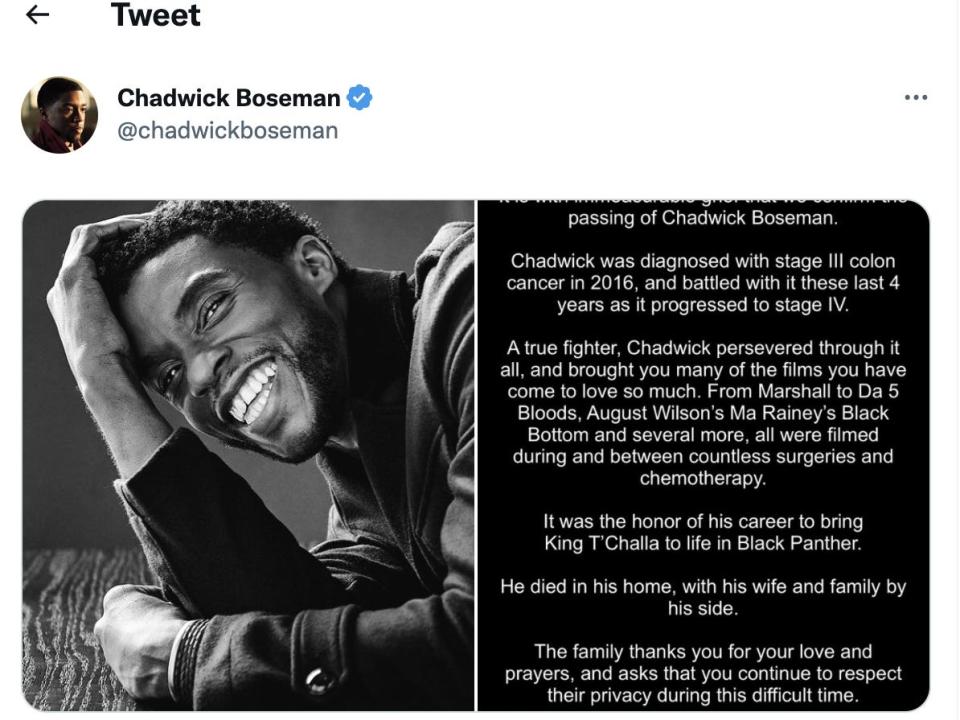 Chadwick Boseman death announcement tweet