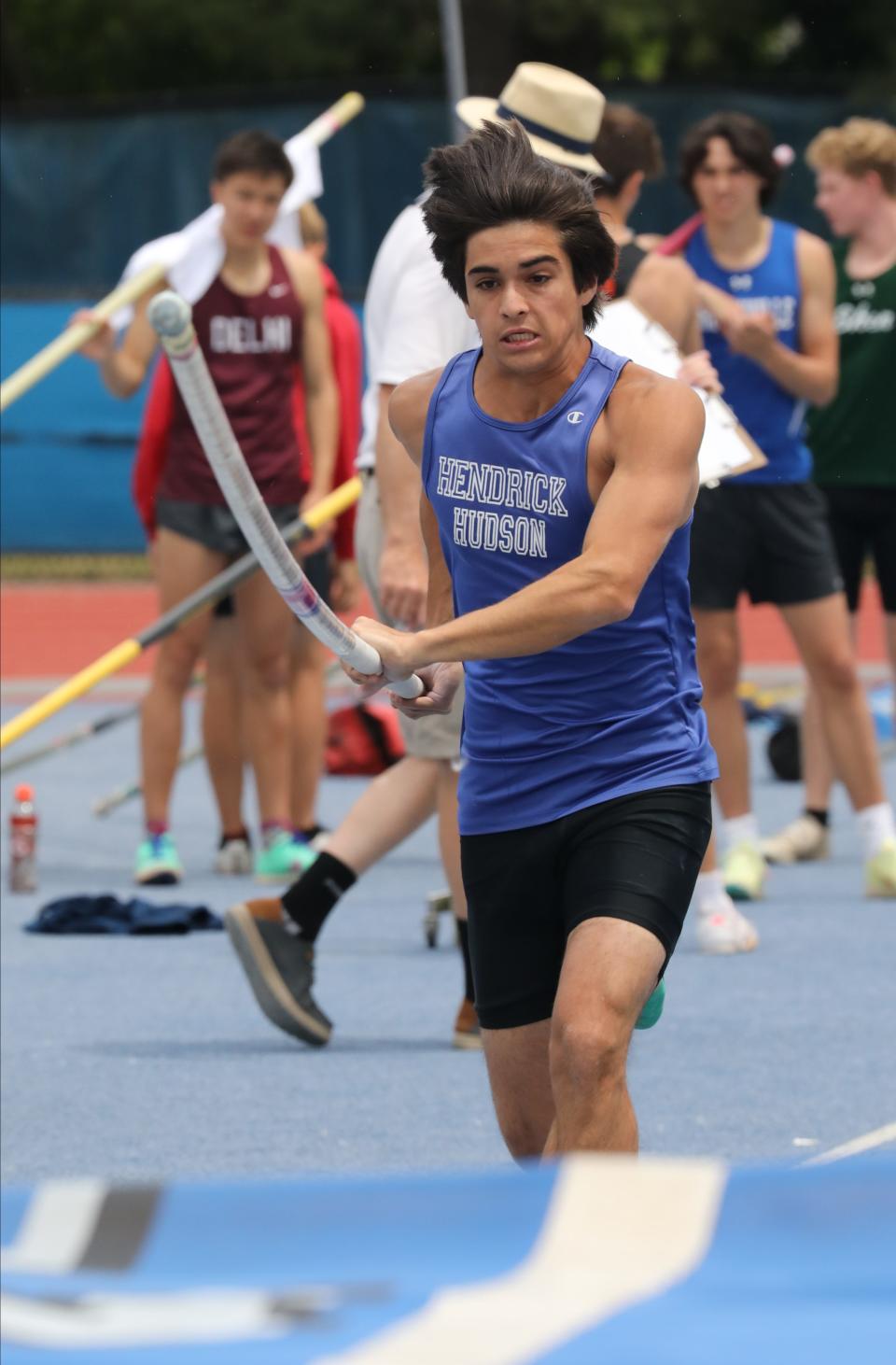 Trey Feirman from Hendrick Hudson competes in the pole vault during the New York State Track and Field Championships at Middletown High School, June 9, 2023.