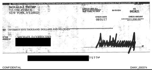 One of a dozen cheques signed by then-president Donald Trump, which Michael Cohen testified Tuesday secretly refunded Cohen's payments to help hide Trump's affair with Stormy Daniels.