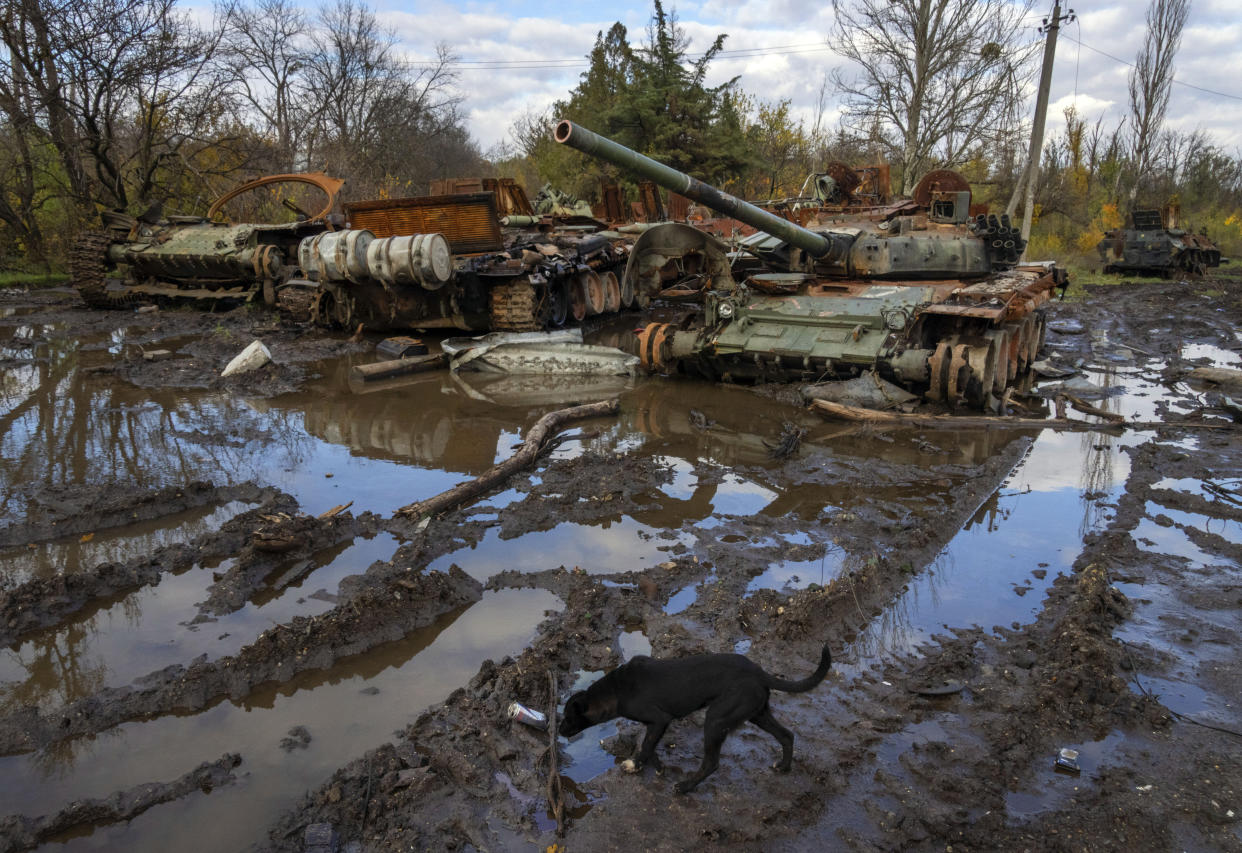 Russian tanks damaged in recent fighting are seen near the recently retaken village of Kamianka.