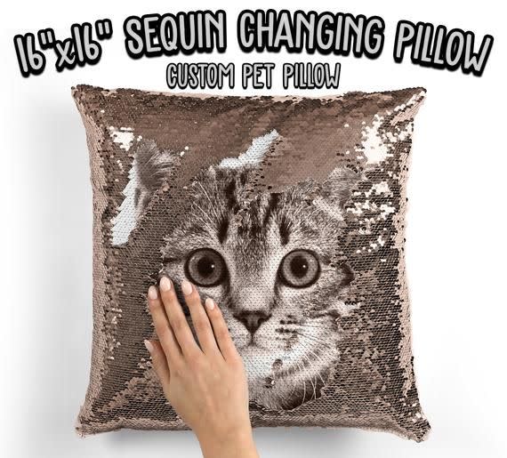10) Personalized Sequin Cat Pillow