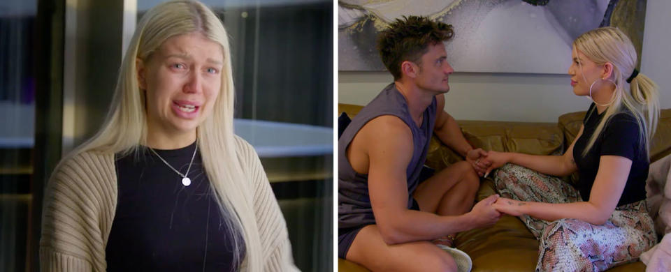 L: Caitlin from MAFS in tears. R: Caitlin and Shannon hold hands on the couch