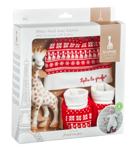 Sophie Gift Set with giraffe toy, red and white hat and booties