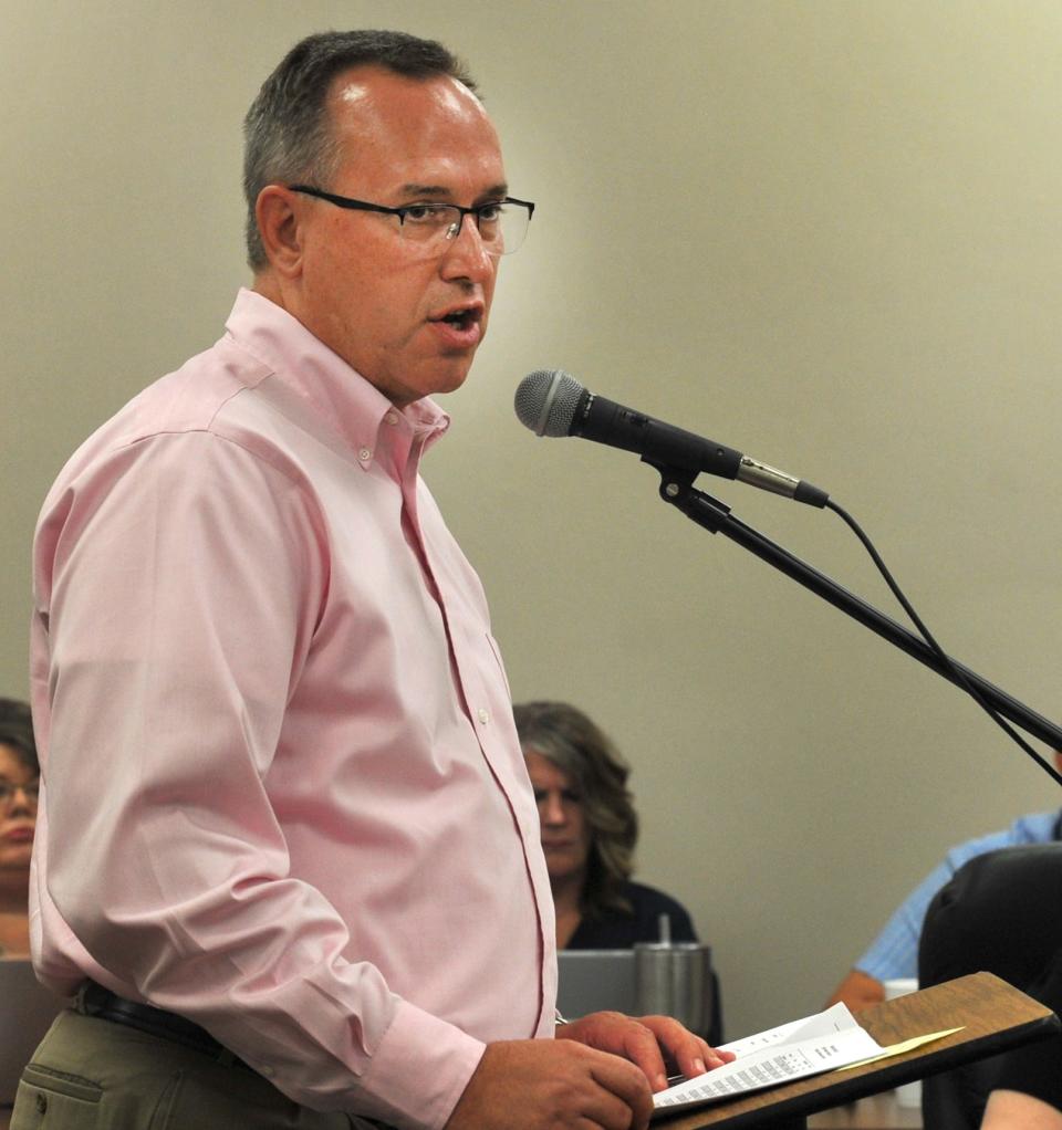 Wichita Falls Independent School District, chief financial officer, Tim Sherrod presents the long range facility plan to the board of trustees during a special session Aug. 10, 2021. 
(Photo: CHRISTOPHER WALKER/TIMES RECORD NEWS)