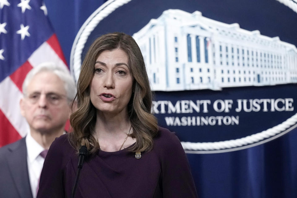 DEA Administrator Anne Milgram, right, with Attorney General Merrick Garland at left, speakss during a news conference at the Justice Department in Washington, Friday, April 14, 2023. The Justice Department has charged 28 members of Mexico’s powerful Sinaloa cartel, including sons of notorious drug lord Joaquin “El Chapo” Guzman, in a sprawling fentanyl-trafficking investigation. (AP Photo/Susan Walsh)