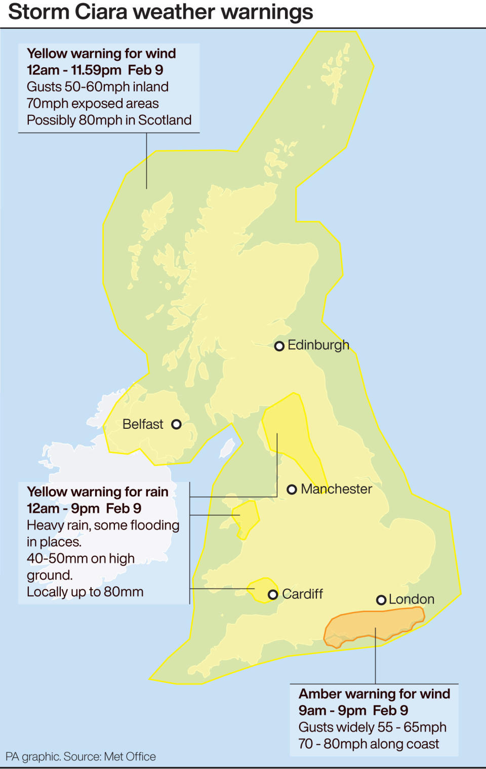 Weather warnings for storm Ciara. Infographic PA Graphics