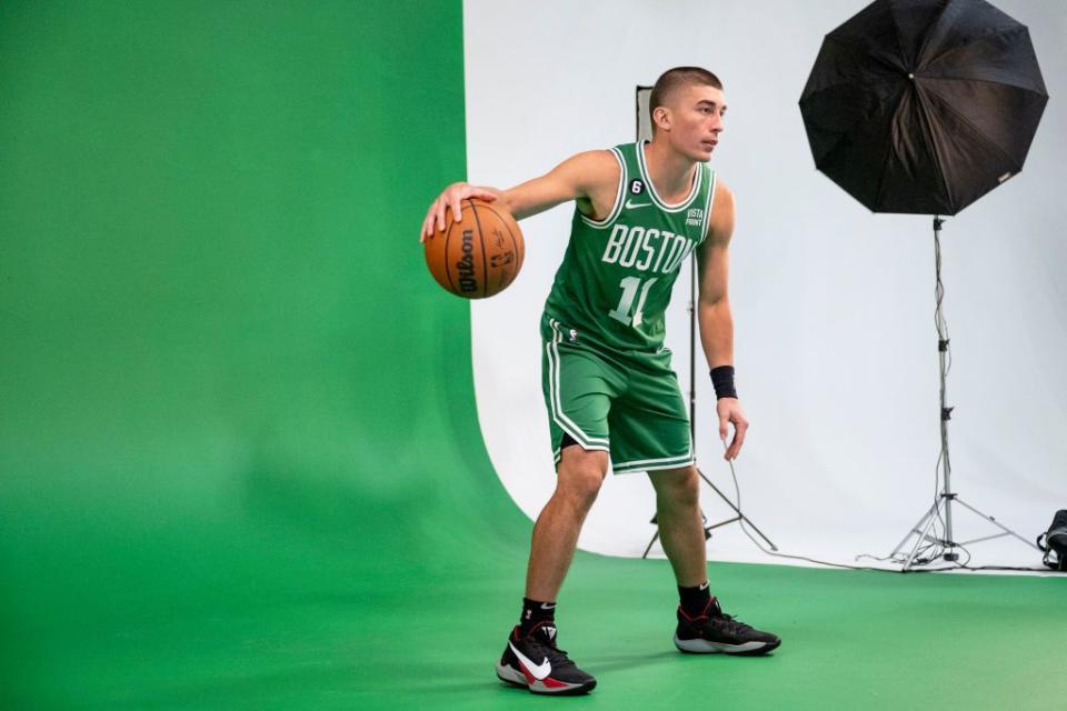 CANTON, MA - SEPTEMBER 26: Payton Pritchard #11 of the Boston Celtics poses for photos during Boston Celtics Media Day at High Output Studios on September 26, 2022 in Canton, Massachusetts. NOTE TO USER: User expressly acknowledges and agrees that, by downloading and/or using this photograph, user is consenting to the terms and conditions of the Getty Images License Agreement. (Photo by Maddie Malhotra/Getty Images)