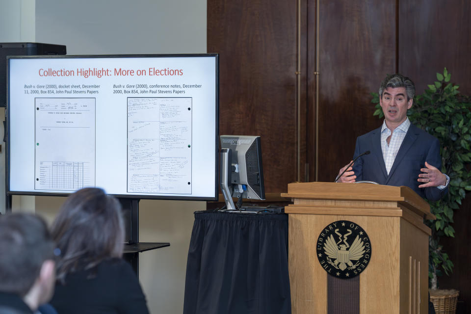 Historian Ryan Reft discusses papers of the late Supreme Court Justice John Paul Stevens that will be made available to researchers at the Library of Congress, in Washington, Monday, May 1, 2023. (AP Photo/J. Scott Applewhite)