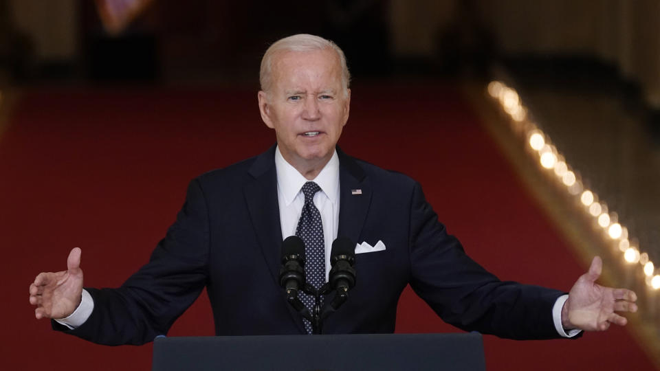 President Joe Biden speaks about the latest round of mass shootings, from the East Room of the White House in Washington, Thursday, June 2, 2022. Biden is attempting to increase pressure on Congress to pass stricter gun limits after such efforts failed following past outbreaks. (AP Photo/Evan Vucci)