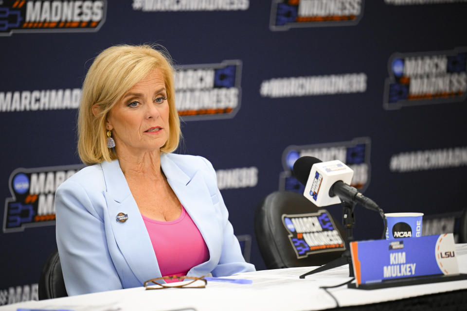 BATON ROUGE, LOUISIANA - MARCH 22: Head Coach Kim Mulkey of the LSU Tigers answers a question at the press conference during the first round of the 2024 NCAA Women's Basketball Tournament held at Pete Maravich Assembly Center on March 22, 2024 in Baton Rouge, Louisiana. (Photo by Andy Hancock/NCAA Photos/NCAA Photos via Getty Images)