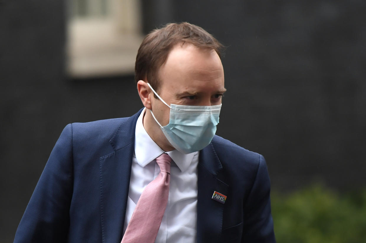 LONDON, ENGLAND - JANUARY 13: Health Secretary, Matt Hancock leaves Downing Street on January 13, 2021 in London, England. Today, Matt Hancock warned it is 'impossible to say' when lockdown will end. (Photo by Chris J Ratcliffe/Getty Images)