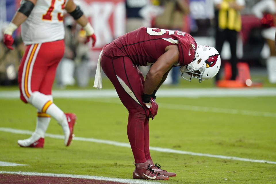Arizona Cardinals linebacker Zaven Collins (25) reacts after the Kansas City Chiefs scored a touchdown during the second half of an NFL football game, Sunday, Sept. 11, 2022, in Glendale, Ariz. (AP Photo/Ross D. Franklin)
