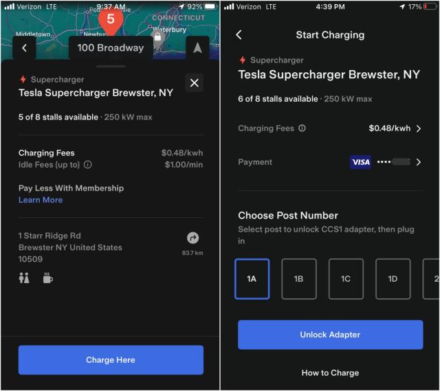 Screenshots from the Tesla app show the process for charging a non-Tesla vehicle.