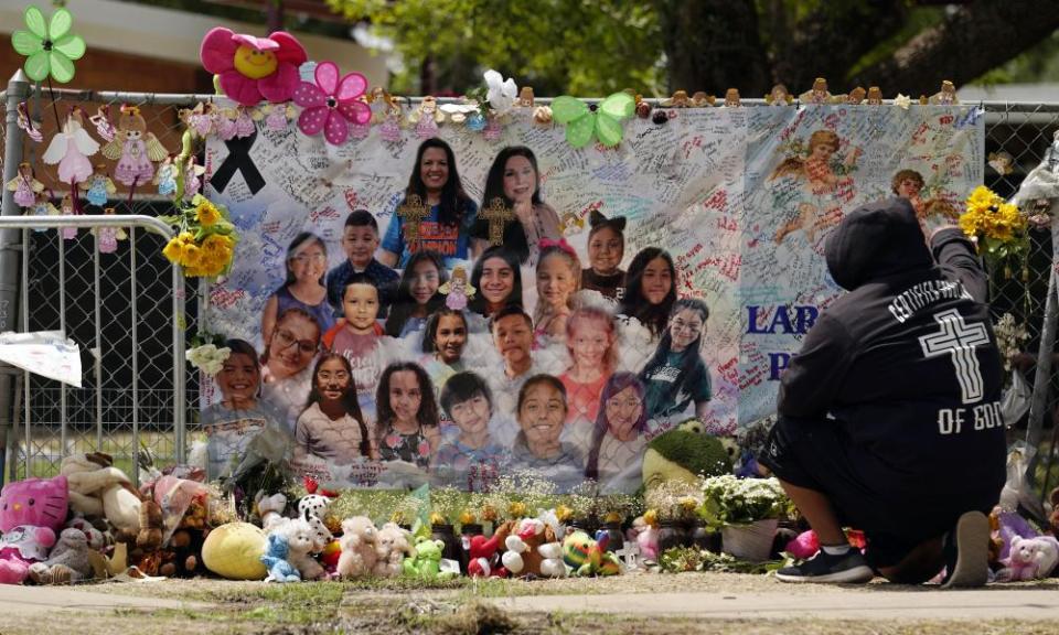 A memorial at Robb elementary school created to honor the victims killed in the shooting.