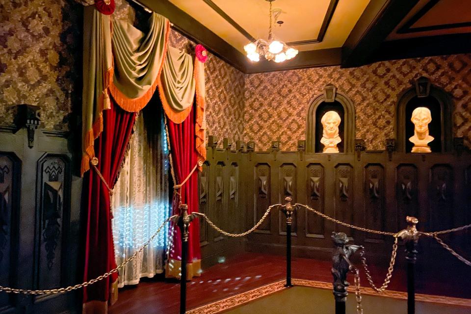 New drapery hangs around the windows inside The Haunted Mansion in New Orleans Square at Disneyland in Anaheim, CA