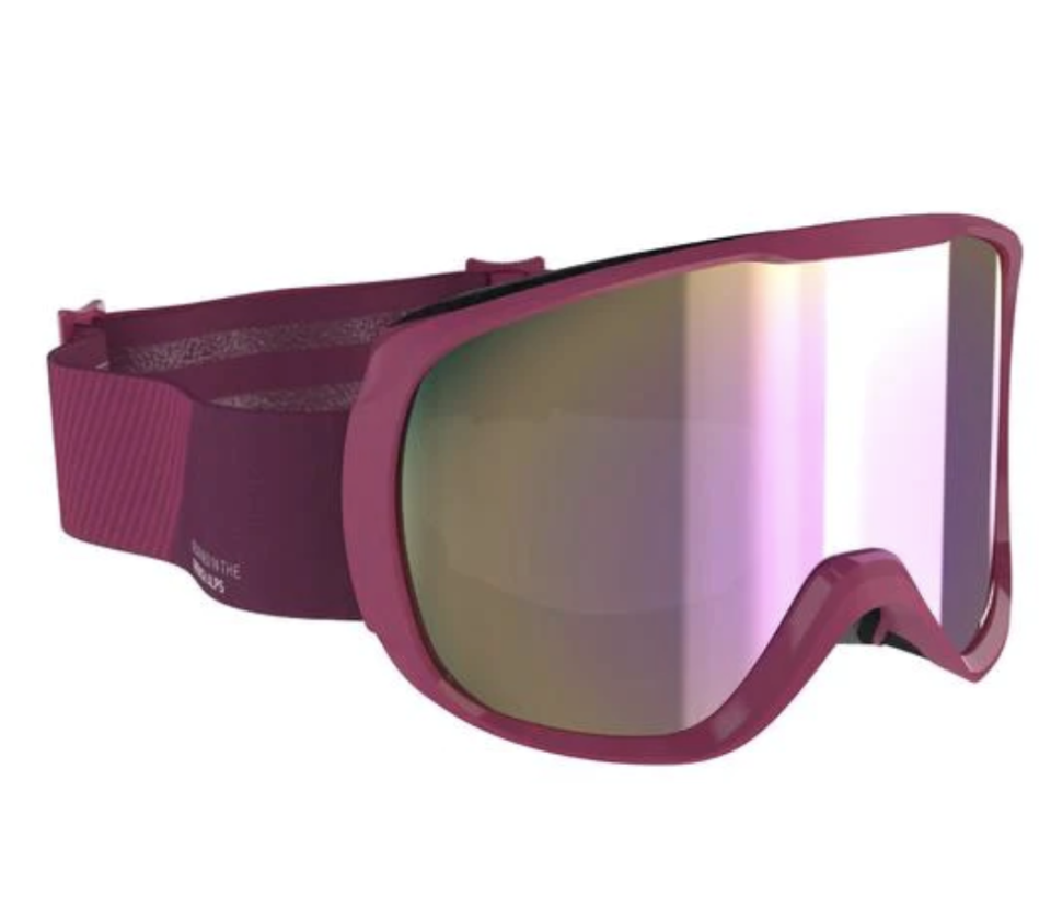 A deep pink Wedze 500 Ski and Snowboard Mask set on a white background with silver lens.