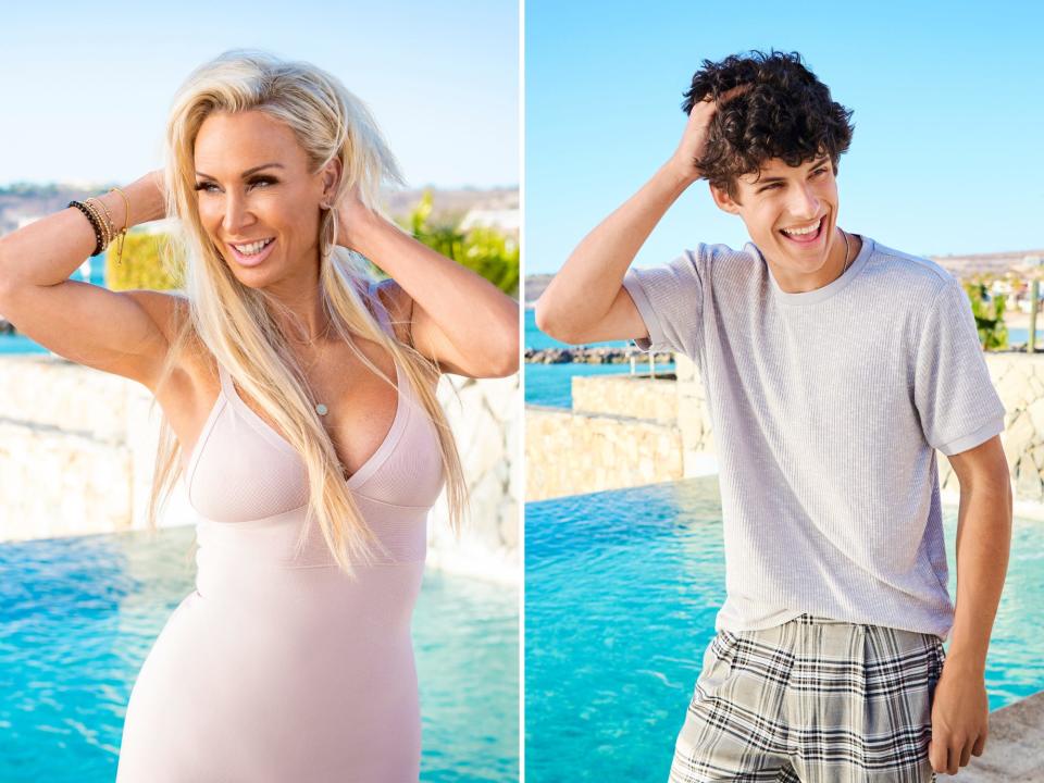 left: kelle from milf manor, a middle aged blonde woman with a tight-fitting, low-cut dress posing flirtily in front of a pool and smiling widely; right: her young son, joey, smiling with his hand tangled in his hair. they're both posed similarly, and resemble each other