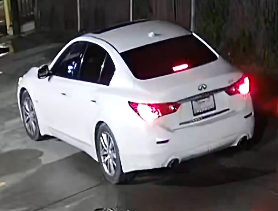 This newer model white Infiniti Q50 used during a March 5, 2024 commercial burglary in the 700 block of Clara St. in Oakland, Calif., at 11:00 PM. Oakland Police Department are asking for information in connection with the burglary. (Oakland Police Department via Bay City News)