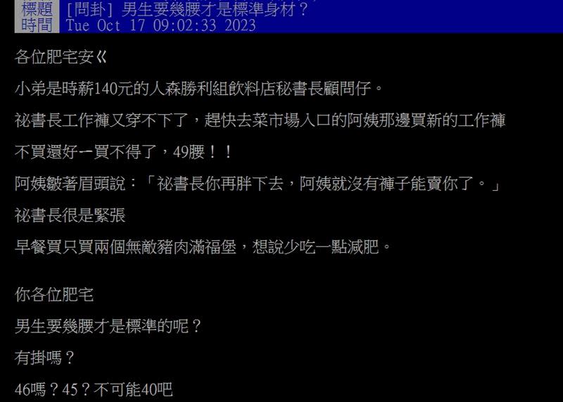 原PO好奇詢問，男生要幾腰才是標準？（圖／翻攝自PTT）