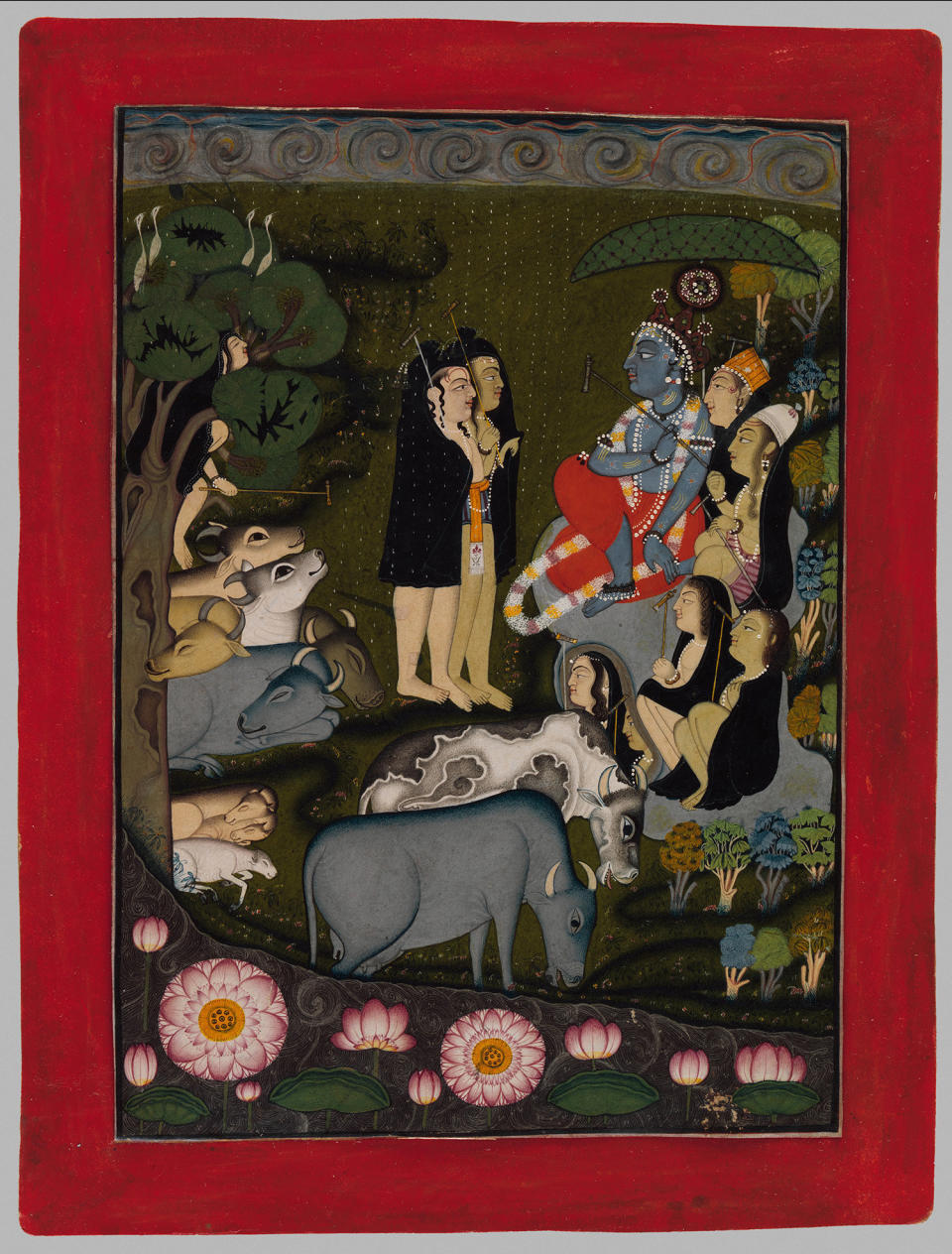 "Krishna and the Gopas (Cowherders) Huddle in the&nbsp;Rain."&nbsp;Attributed to the artist known as the Master of the&nbsp;Swirling Skies (active second quarter of 18th century)&nbsp;Punjab Hills, kingdom of Jammu, ca. 1725&ndash;50.&nbsp;Opaque watercolor and silver (now tarnished) on&nbsp;paper; modern border; painting 8 3/8 x 5 7/8 in.&nbsp;Promised Gift of the Kronos Collections, 2015&nbsp;
