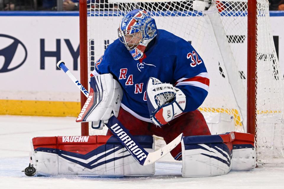 Feb 5, 2024; New York, New York, USA; New York Rangers goaltender Jonathan Quick (32) makes a save against the Colorado Avalanche during the second period at Madison Square Garden.