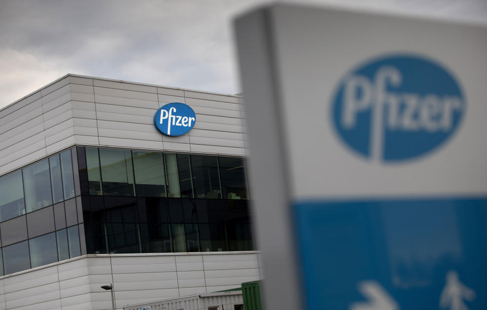 FILE - In this Nov. 9, 2020, file photo, a general view of Pfizer Manufacturing Belgium in Puurs, Belgium. Pfizer and BioNTech say they've won permission Wednesday, Dec. 2, 2020, for emergency use of their COVID-19 vaccine in Britain, the world’s first coronavirus shot that’s backed by rigorous science -- and a major step toward eventually ending the pandemic.(AP Photo/Virginia Mayo, File)