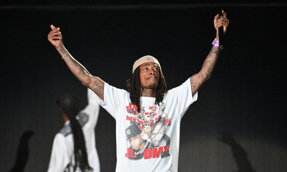 Wiz Khalifa performs during the Hip Hop 50 Live concert, marking the 50th anniversary of the birth of hip hop, at Yankee Stadium in the Bronx borough of New York City on Friday.