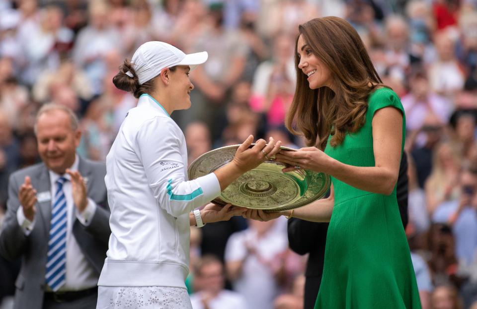 Ashleigh Barty is presented with the Venus Rosewater Dish by the Duchess of Cambridge after her Wimbledon victory.