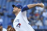 Toronto Blue Jays' Steven Matz pitches against the Cleveland Indians during the first inning of a baseball game Wednesday, Aug. 4, 2021, in Toronto. (Jon Blacker/The Canadian Press via AP)