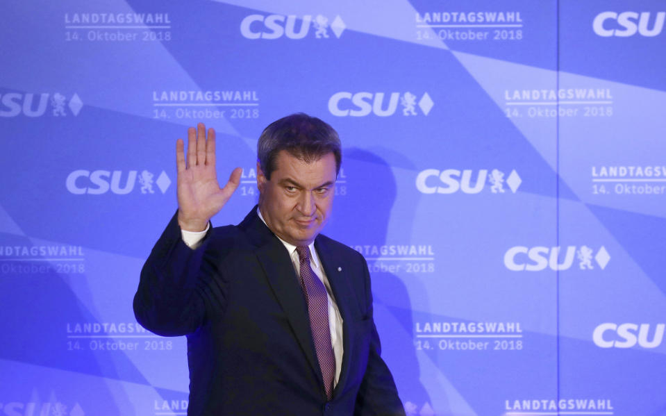 Bavarian governor Markus Soeder waves during his first appearance after the first exit polls for the Bavarian state election in Munich, southern Germany, Sunday, Oct. 14, 2018. (Michel Kappeler/dpa via AP)