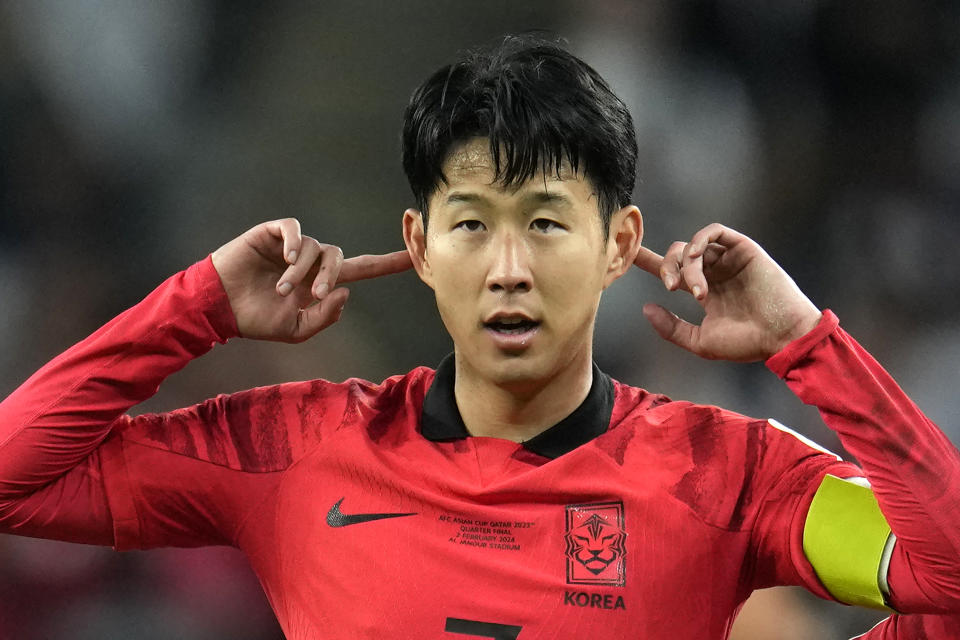 South Korea's Son Heung-min celebrates after scoring his side's second goal during the Asian Cup quarterfinal soccer match between Australia and South Korea at Al Janoub Stadium in Al Wakrah, Qatar, Friday, Feb. 2, 2024. (AP Photo/Aijaz Rahi)