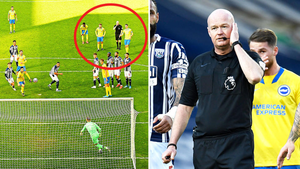 Lee Mason (pictured right) consulting the referee and (pictured left) Lewis Dunk scoring a free kick.