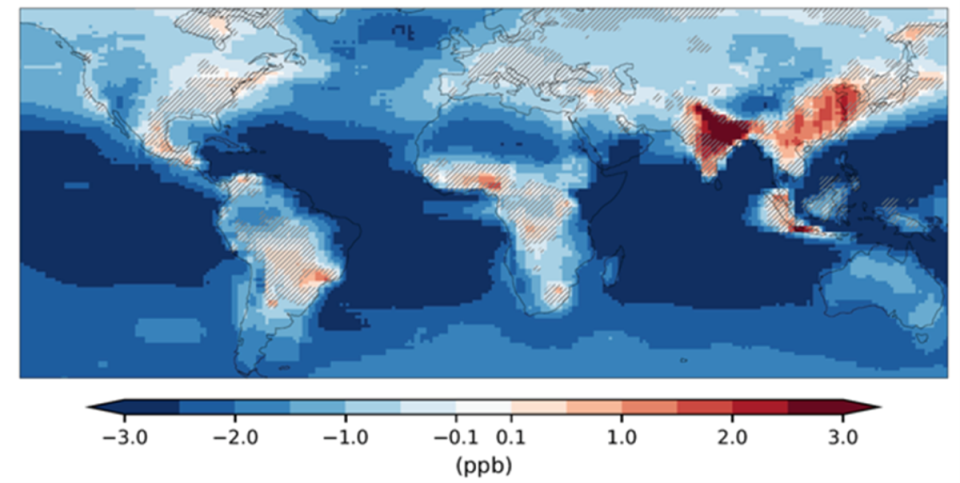 Projected changes in surface ozone levels due to climate change alone in the late part of the 21st Century if average global surface temperature rises by 3.0 °C (WMO)